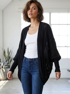 S-Twelve Black Open-Front Knit Cardigan